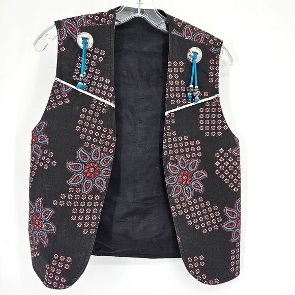 Handmade Jackets & Blazers - Western Boho Floral Vest Women Medium Black Blue Silver Buttons Beaded Lined